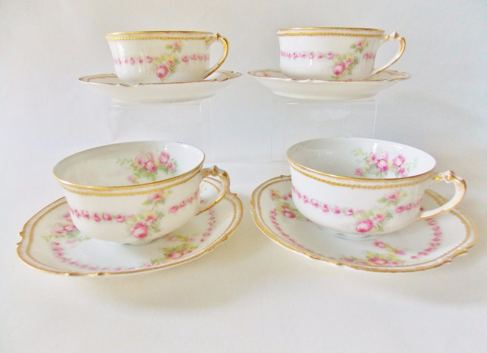 LIMOGES FRANCE SET OF FOUR DROP ROSE STYLE CUPS AND SAUCERS PINK ROSES PRETTY