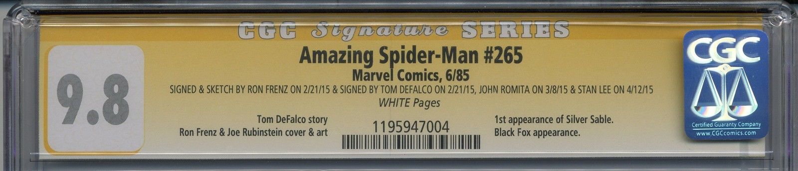 Amazing Spider-Man 265 CGC 9.8 SS Stan Lee Frenz DeFalco Romita 1st Silver Sable