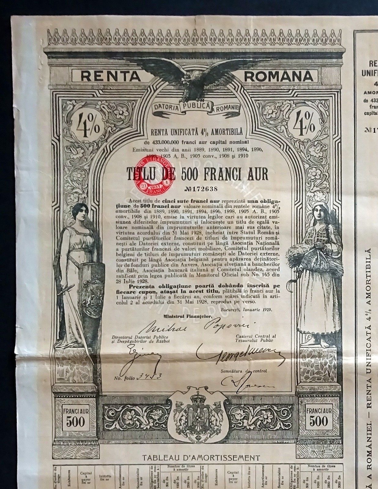 1929 Romania: Renta Romana, 500 Franci Aur - uncancelled Gold Bond with coupons