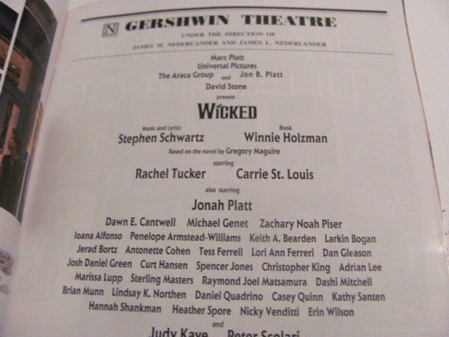 Wicked Playbill Broadway Musical Rachel Tucker NY Gershwin Theatre New York