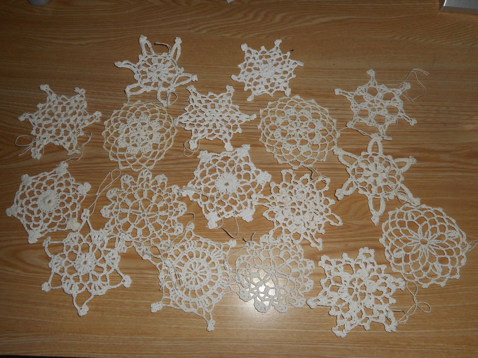 VIntage starched Crochet Snowflake Christmas Tree Ornaments Lot Of 17