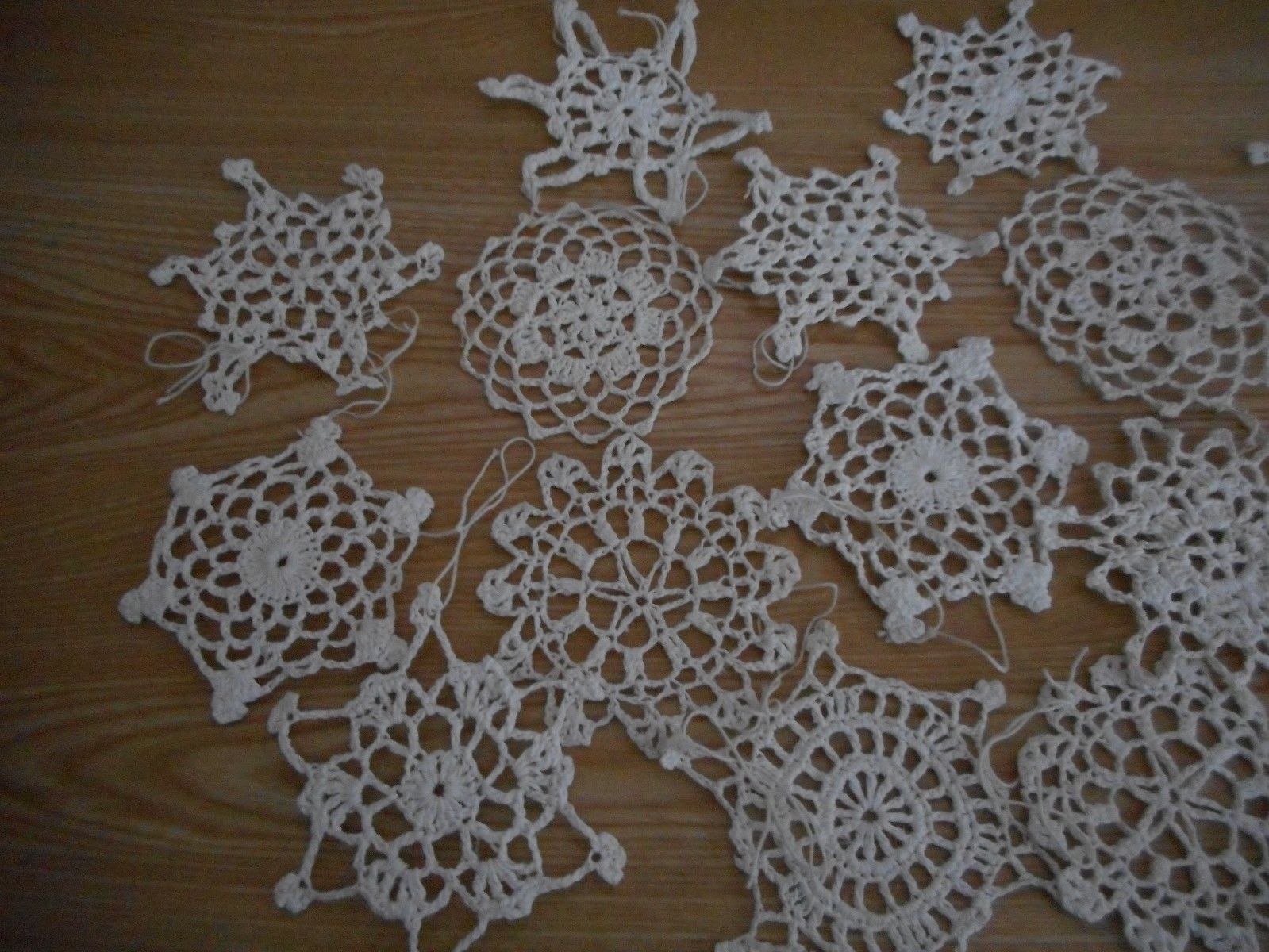 VIntage starched Crochet Snowflake Christmas Tree Ornaments Lot Of 17