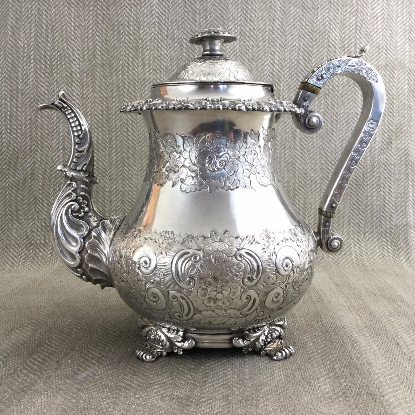 Rare Antique Victorian Teapot Old Sheffield Silver Plate Ornate Engraving 1840s