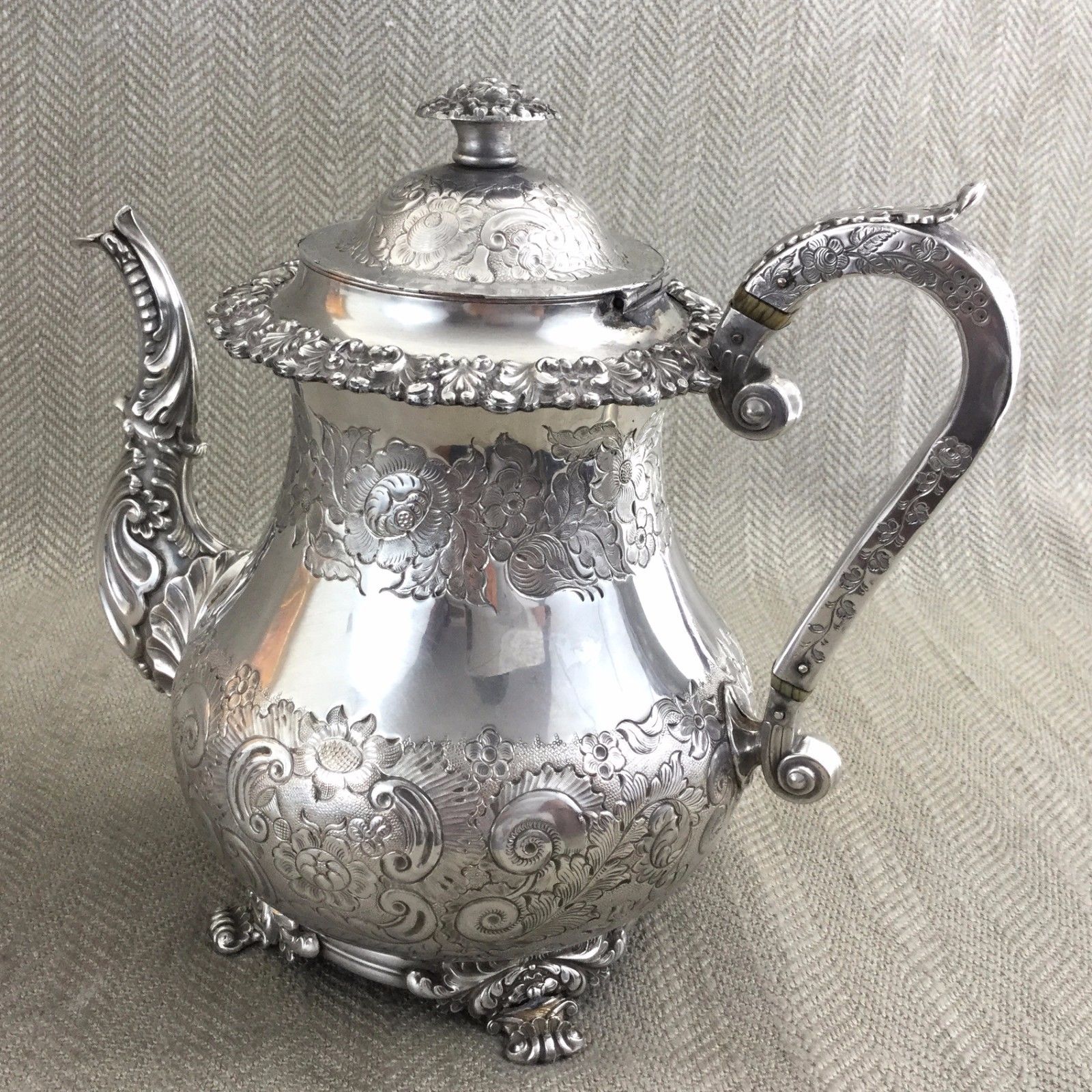 Rare Antique Victorian Teapot Old Sheffield Silver Plate Ornate Engraving 1840s