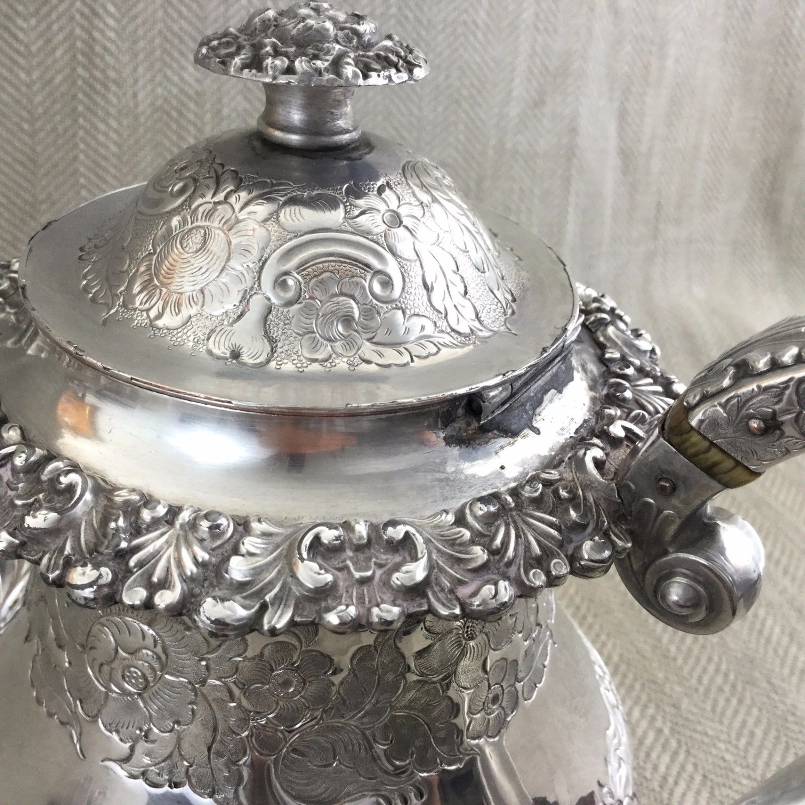 Rare Antique Victorian Teapot Old Sheffield Silver Plate Ornate Engraving 1840s