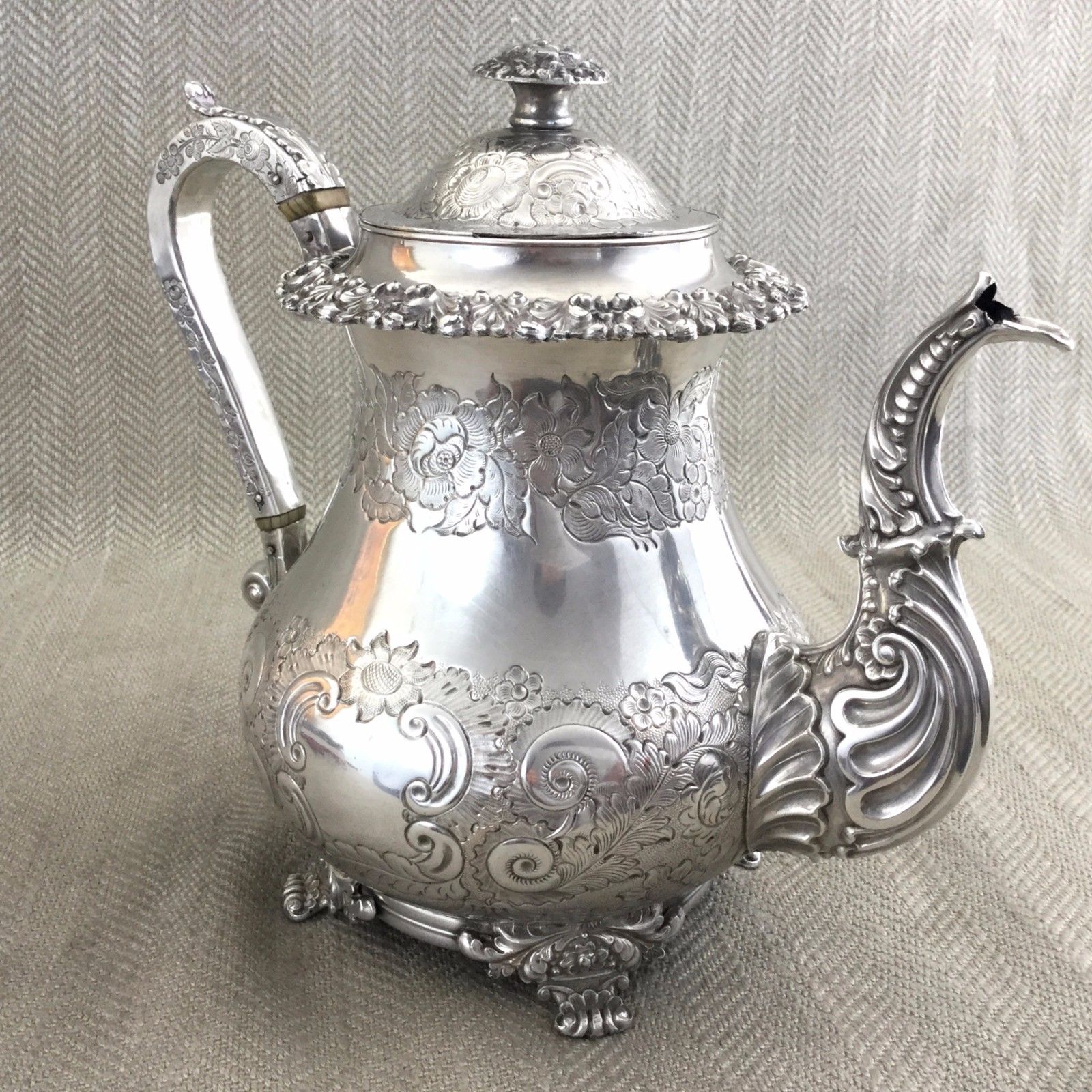 Rare Antique Victorian Teapot Old Sheffield Silver Plate Ornate Engraving 1840s