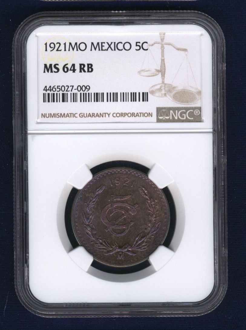 MEXICO ESTADOS UNIDOS 1921  5 CENTAVOS COIN CERTIFIED UNCIRCULATED NGC MS64-RB