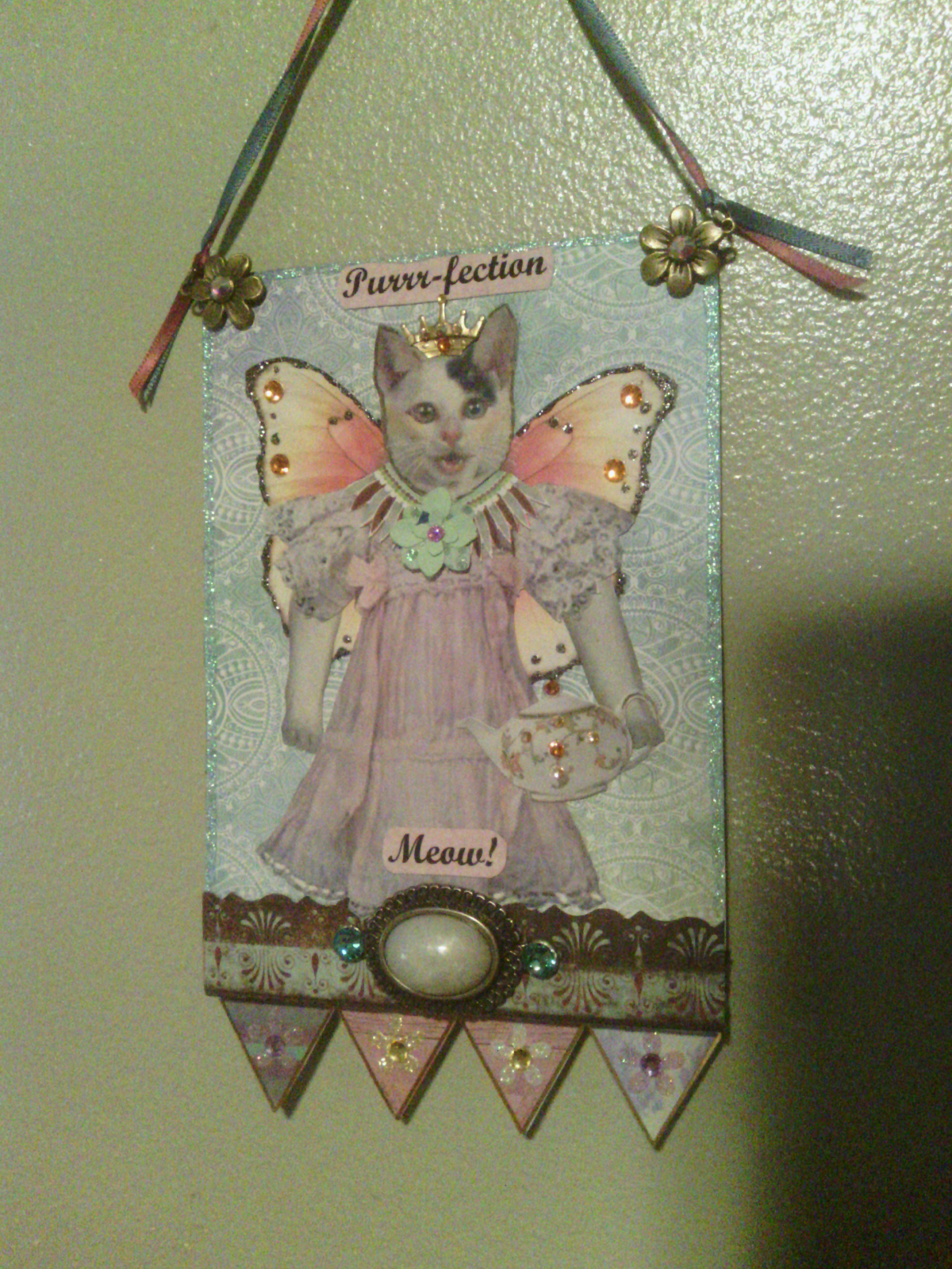 Original mixed media collage of cat in a party dress TEAPOT Swarovski.