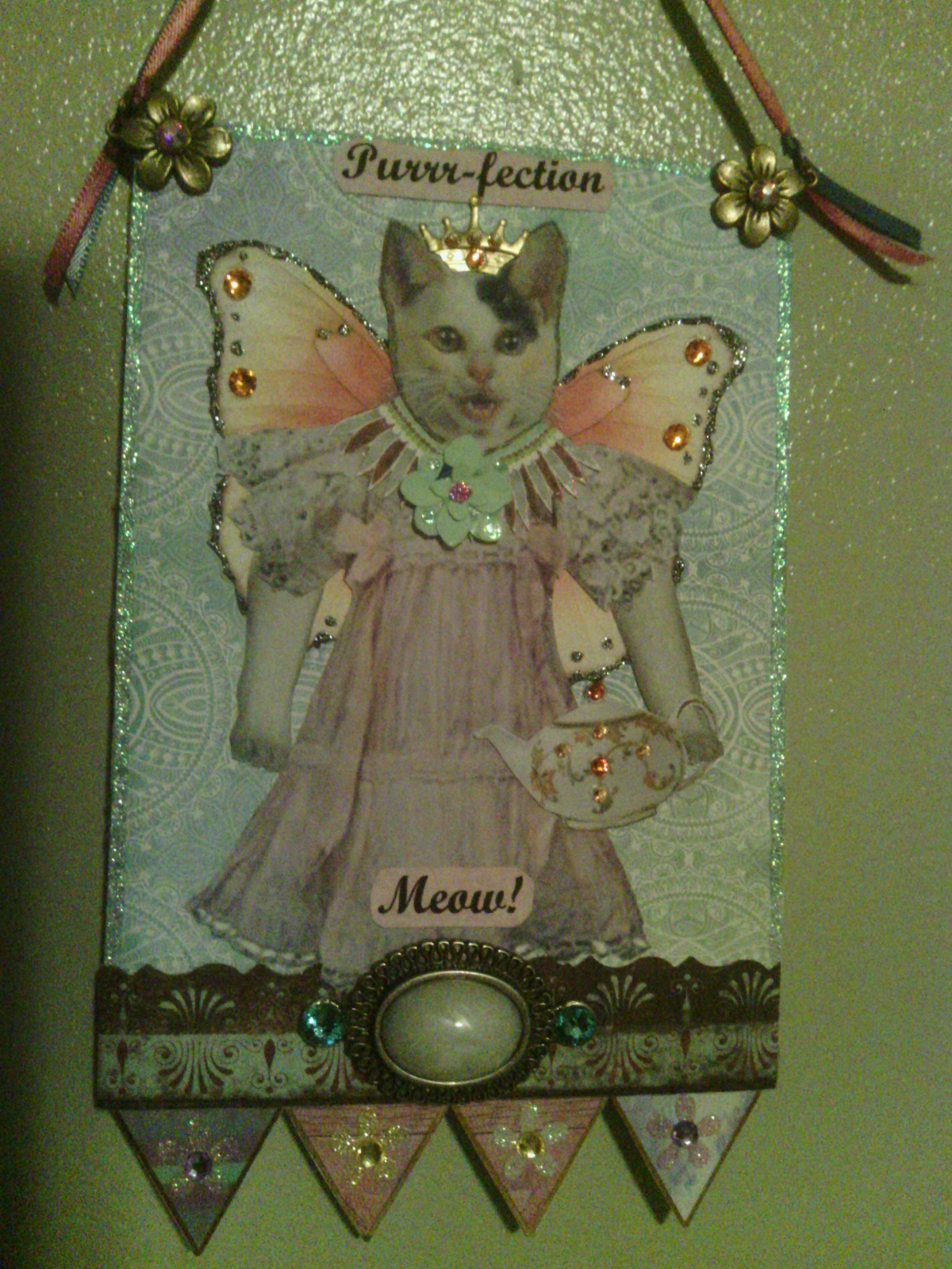 Original mixed media collage of cat in a party dress TEAPOT Swarovski.