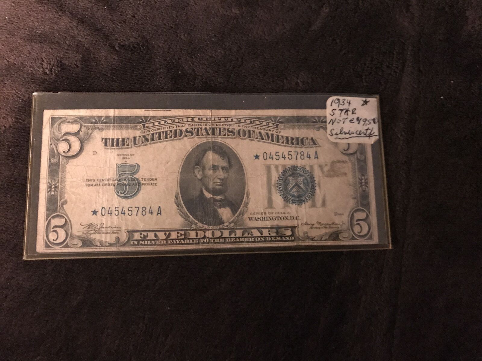 1934a $5 Five Dollar silver certificate Star Note 04545784A serial