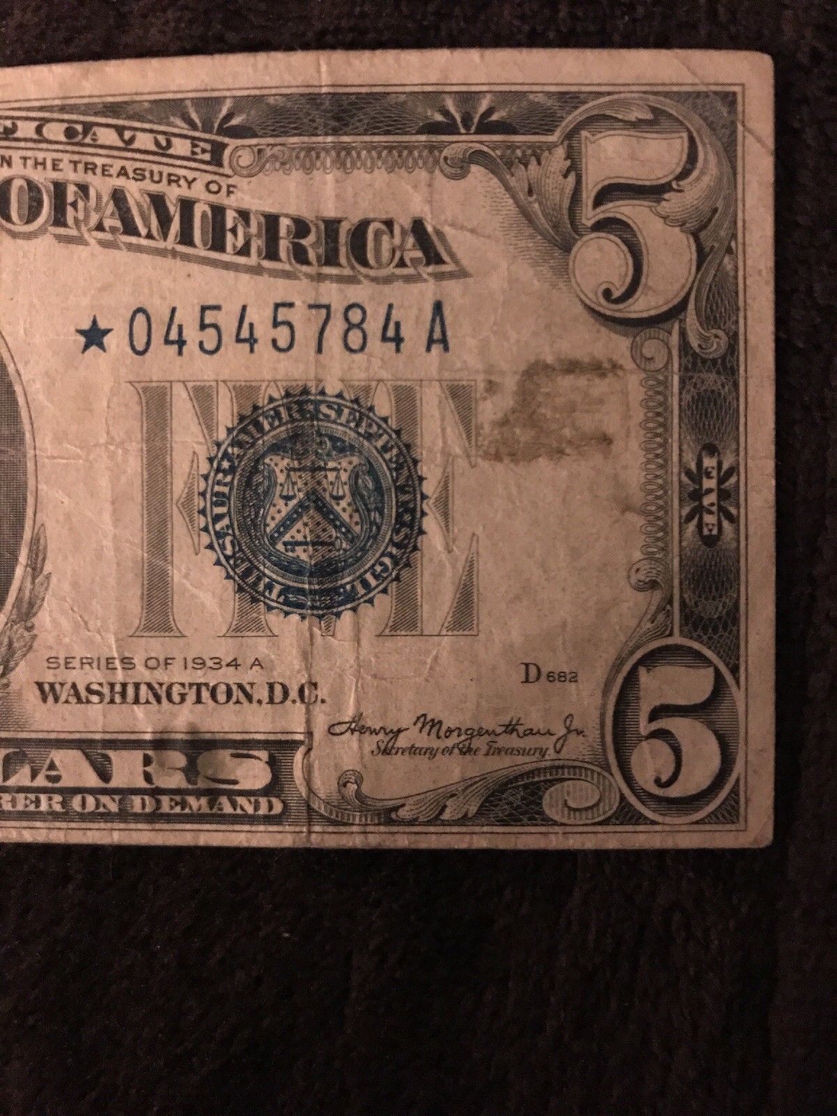 1934a $5 Five Dollar silver certificate Star Note 04545784A serial