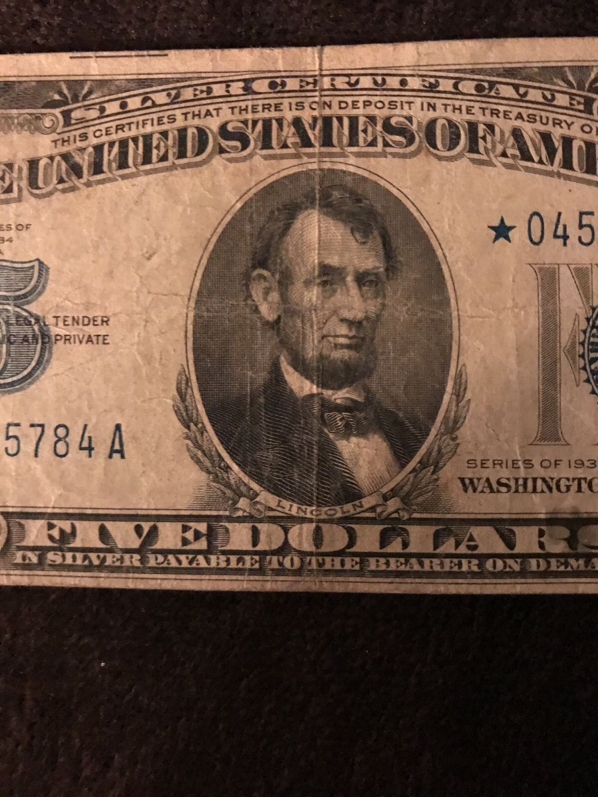 1934a $5 Five Dollar silver certificate Star Note 04545784A serial