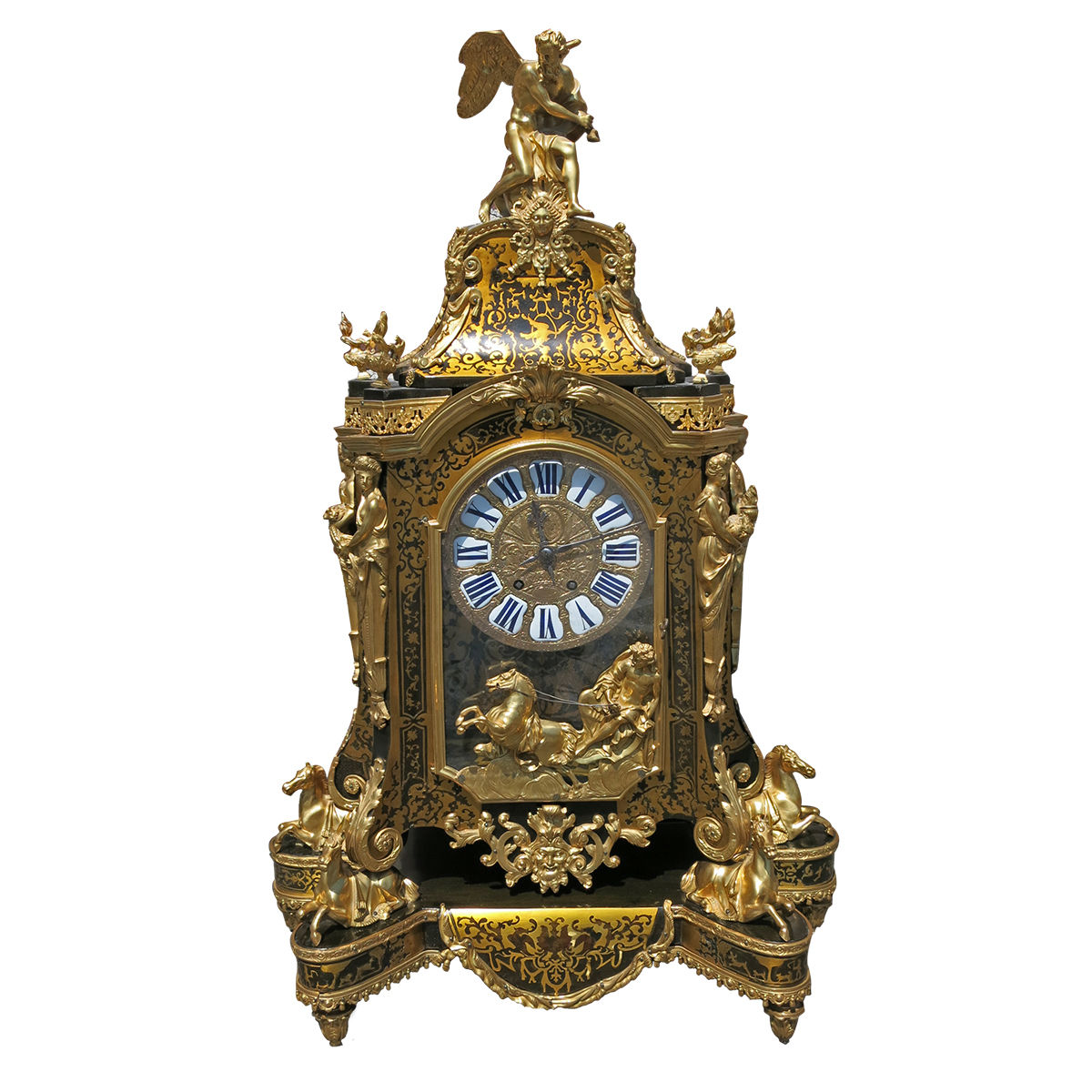 Monumental French Louis XIV Style Gilt Bronze and Bouille Clock