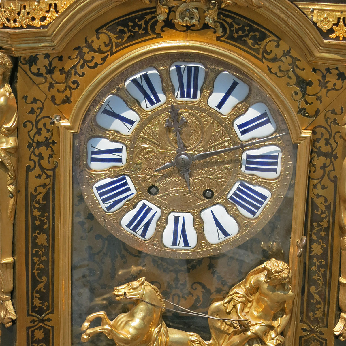 Monumental French Louis XIV Style Gilt Bronze and Bouille Clock