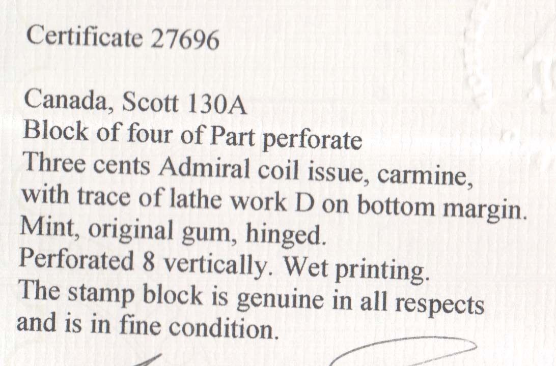 Canada #130a Mint Lathework D Block **With Certificate**