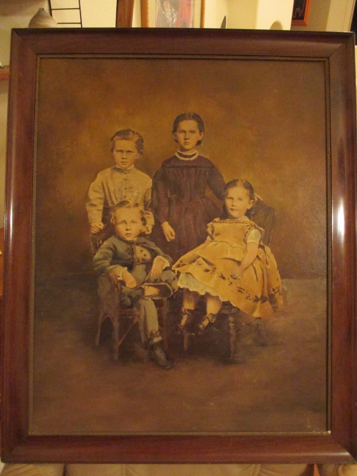 Enormous Antique WEIRD CHILDREN Family PAINTING Portrait Primitive FOLK ART Vtg