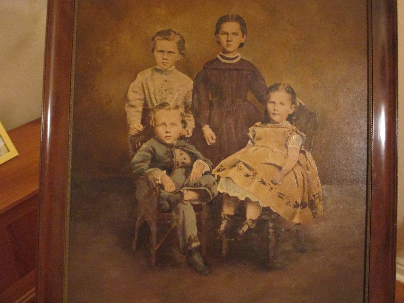 Enormous Antique WEIRD CHILDREN Family PAINTING Portrait Primitive FOLK ART Vtg