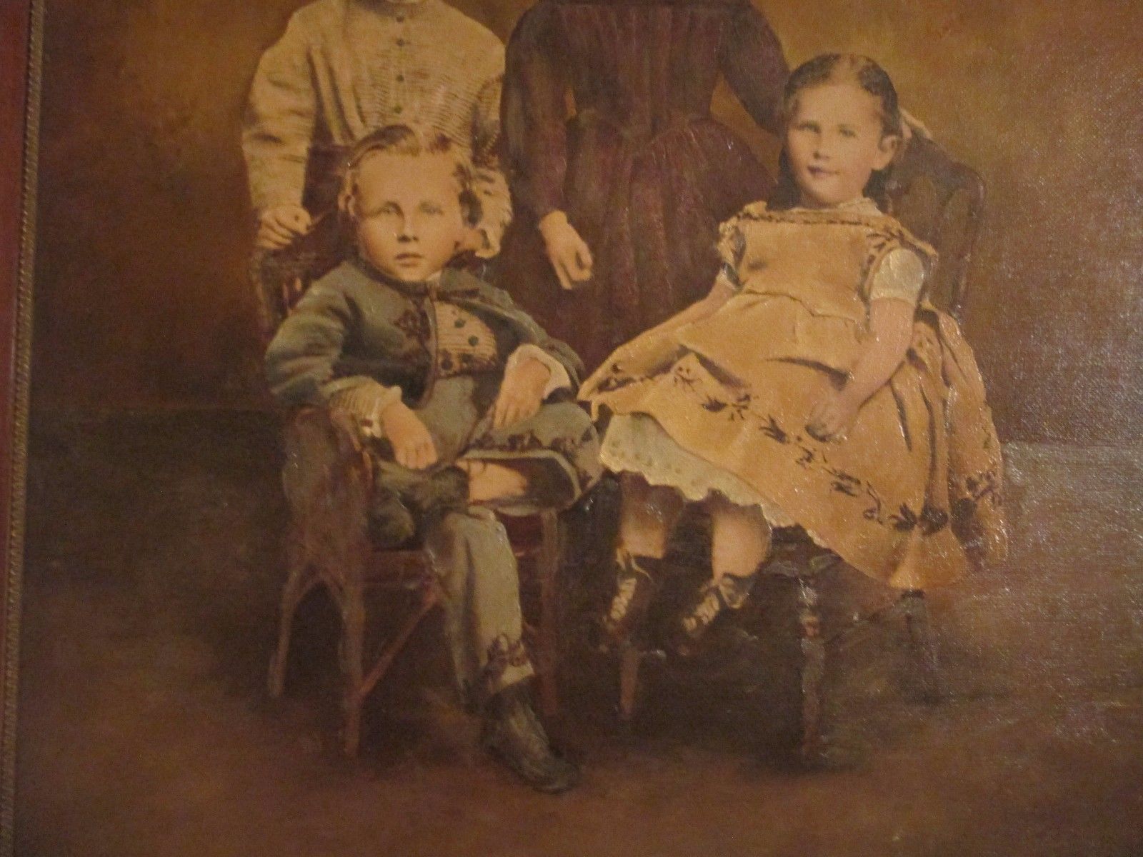 Enormous Antique WEIRD CHILDREN Family PAINTING Portrait Primitive FOLK ART Vtg