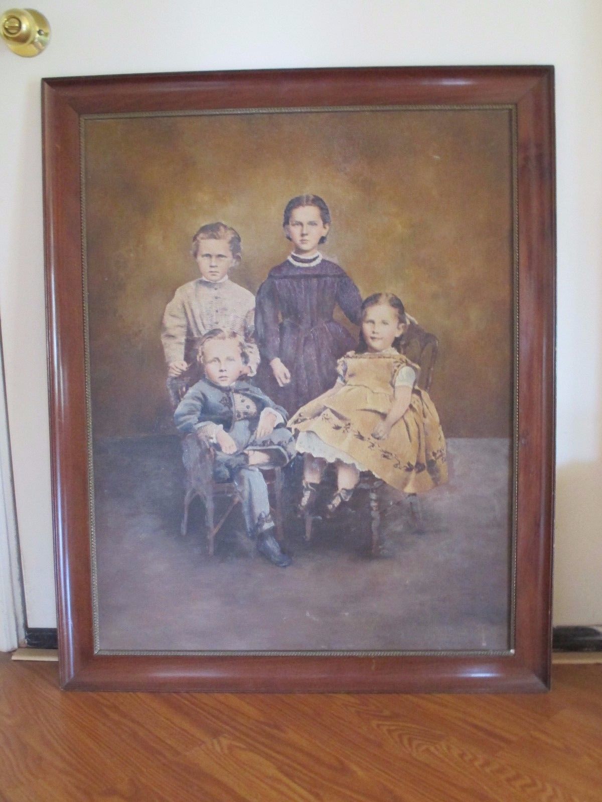 Enormous Antique WEIRD CHILDREN Family PAINTING Portrait Primitive FOLK ART Vtg