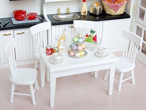 5Pcs White Wooden Dining Table Chair Model Set 1:12 Barbie Dollhouse Furniture