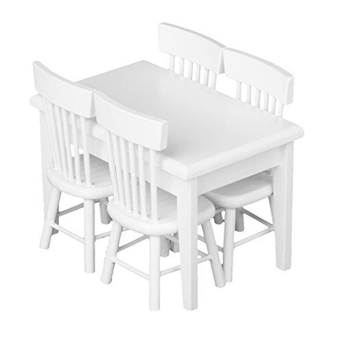 5Pcs White Wooden Dining Table Chair Model Set 1:12 Barbie Dollhouse Furniture