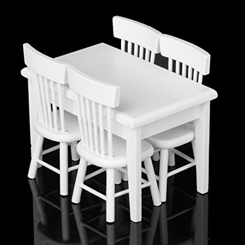 5Pcs White Wooden Dining Table Chair Model Set 1:12 Barbie Dollhouse Furniture