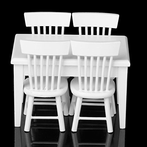 5Pcs White Wooden Dining Table Chair Model Set 1:12 Barbie Dollhouse Furniture