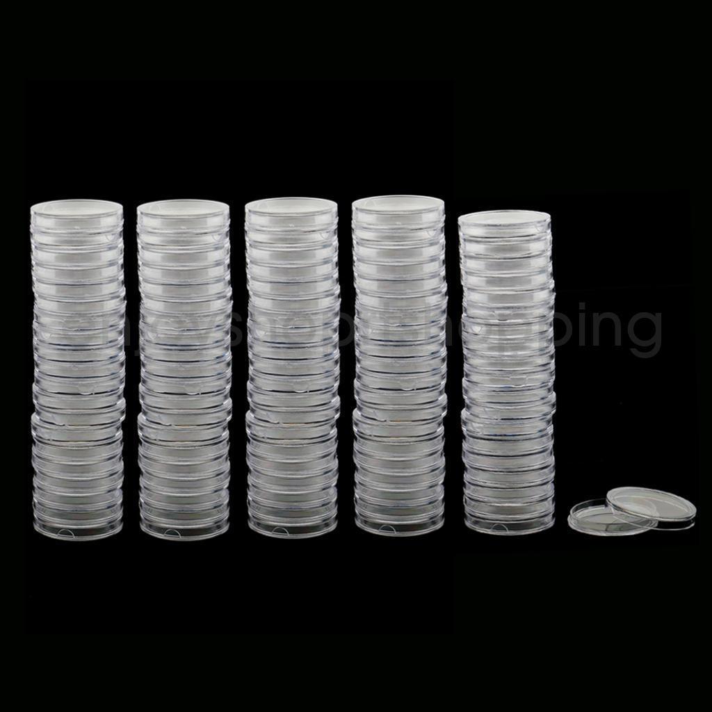 100pcs 28mm Plastic Clear Round Coin Case Capsule Storage Holder Containers