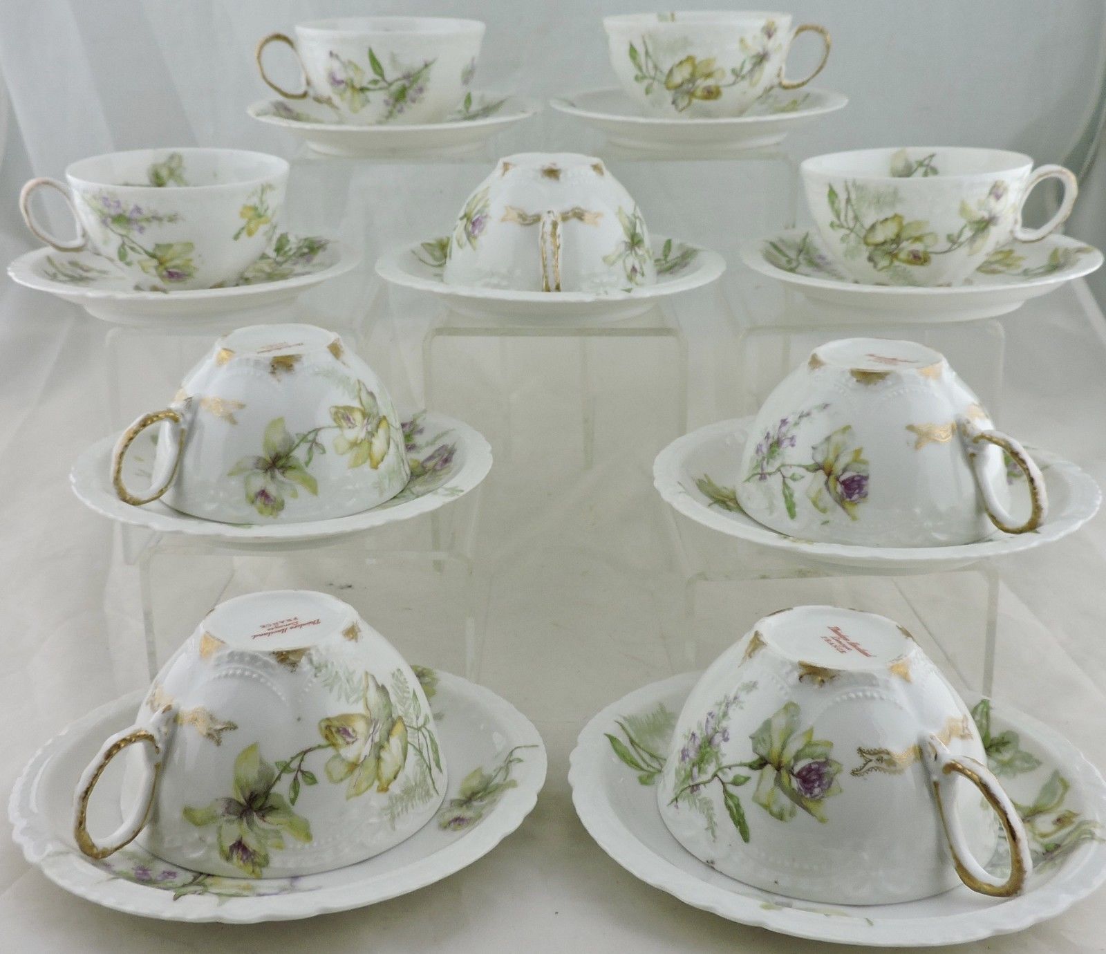 ANTIQUE LIMOGES HAVILAND CUP/SAUCER SET 9 SAGE ROSE LAVENDER FLOWER RIBBON GOLD