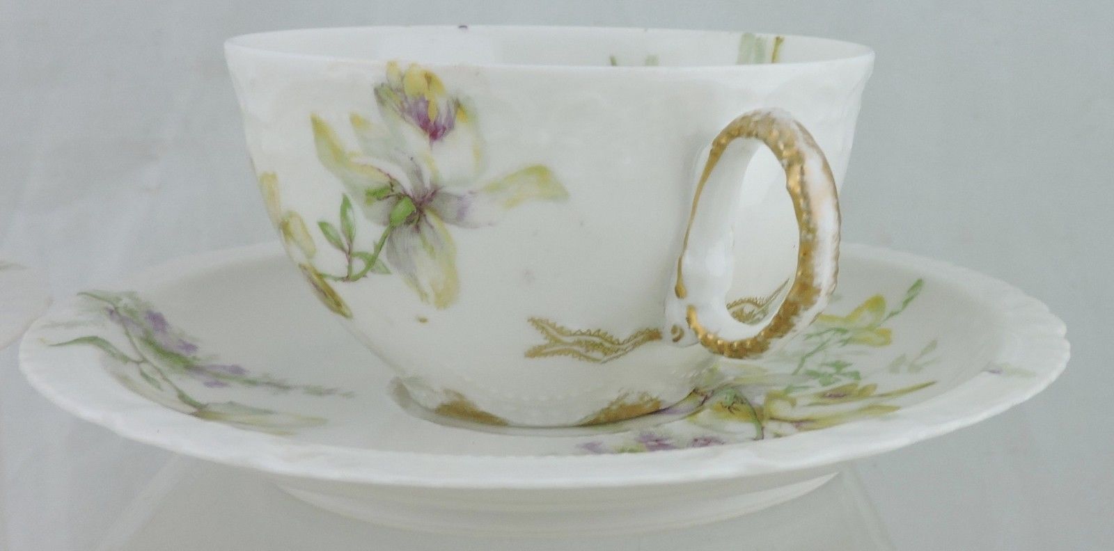 ANTIQUE LIMOGES HAVILAND CUP/SAUCER SET 9 SAGE ROSE LAVENDER FLOWER RIBBON GOLD