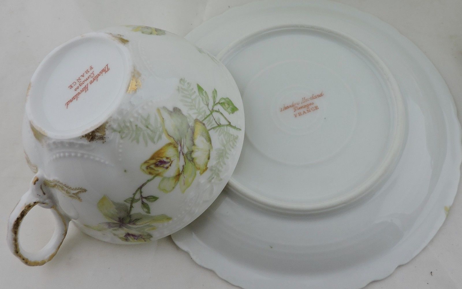 ANTIQUE LIMOGES HAVILAND CUP/SAUCER SET 9 SAGE ROSE LAVENDER FLOWER RIBBON GOLD