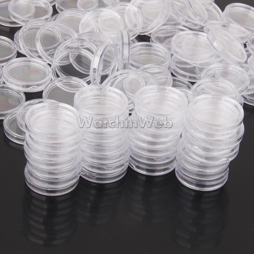 100Pcs Coins Containers Clear Plastic Coins Capsules Boxes Holder Round 24mm