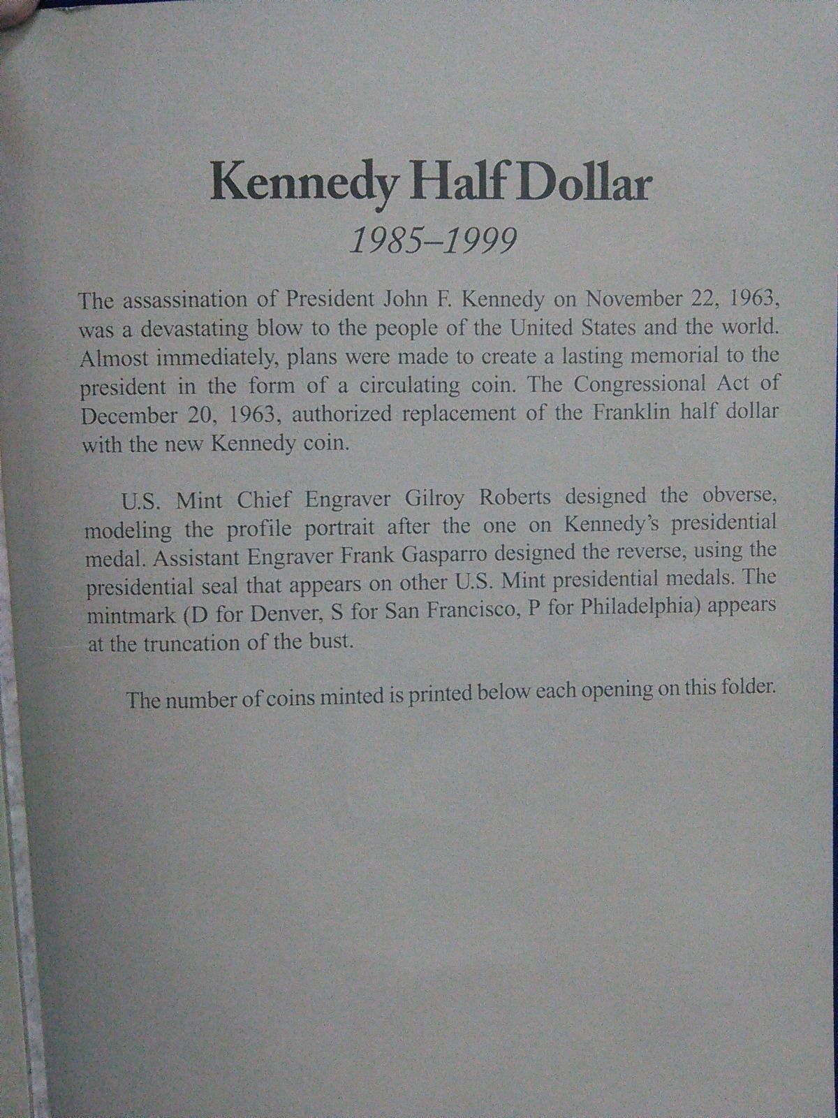 HE Harris Kennedy Half Dollar 1985 - 1999 Coin Folder,  Album Book #2697