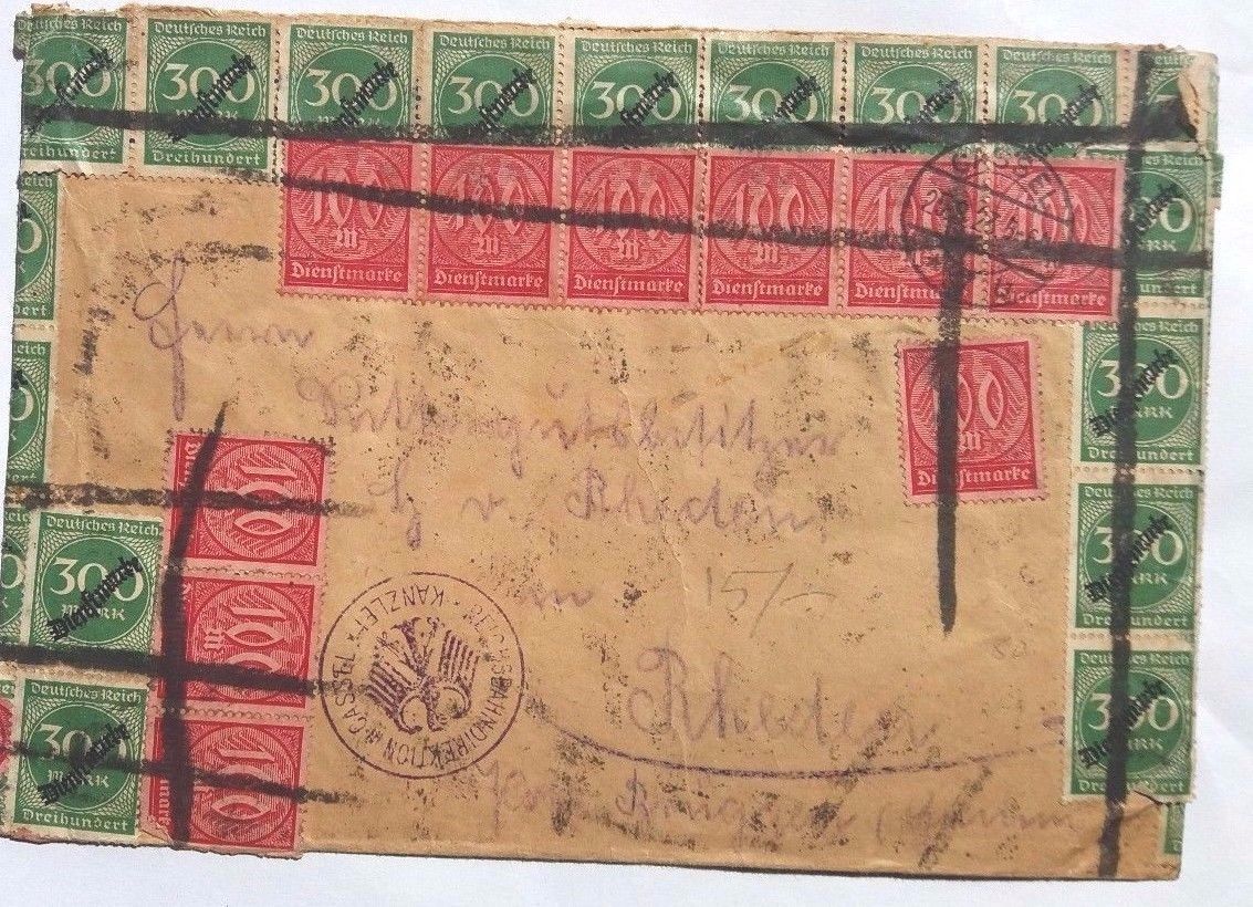 GERMANY 1923 INFLATION PERIOD COVER WITH 75 X OFFICIAL STAMPS CASSEL