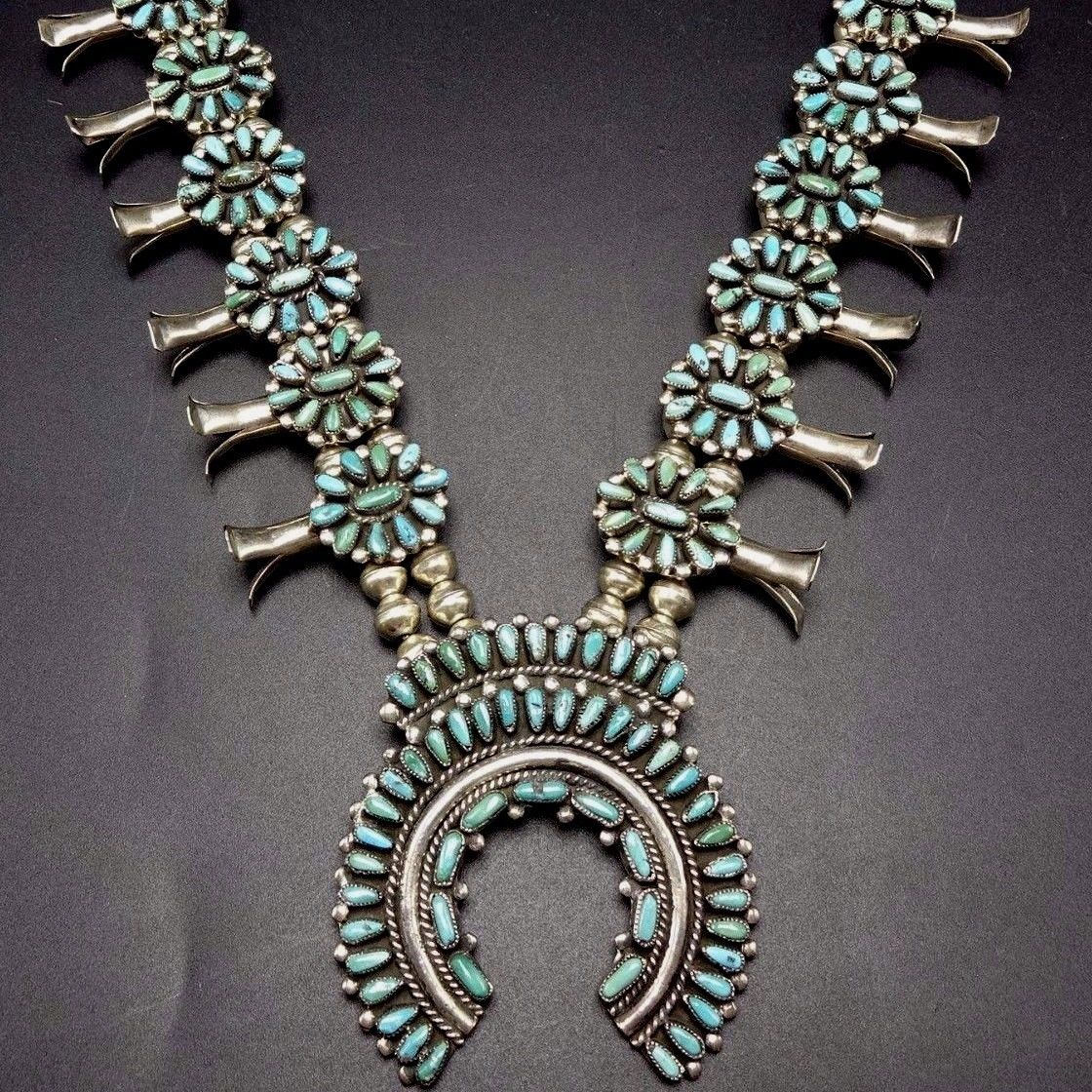Vintage NAVAJO Sterling Silver & Turquoise Petit Point SQUASH BLOSSOM Necklace