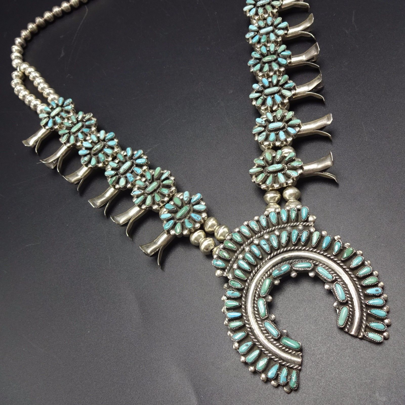 Vintage NAVAJO Sterling Silver & Turquoise Petit Point SQUASH BLOSSOM Necklace