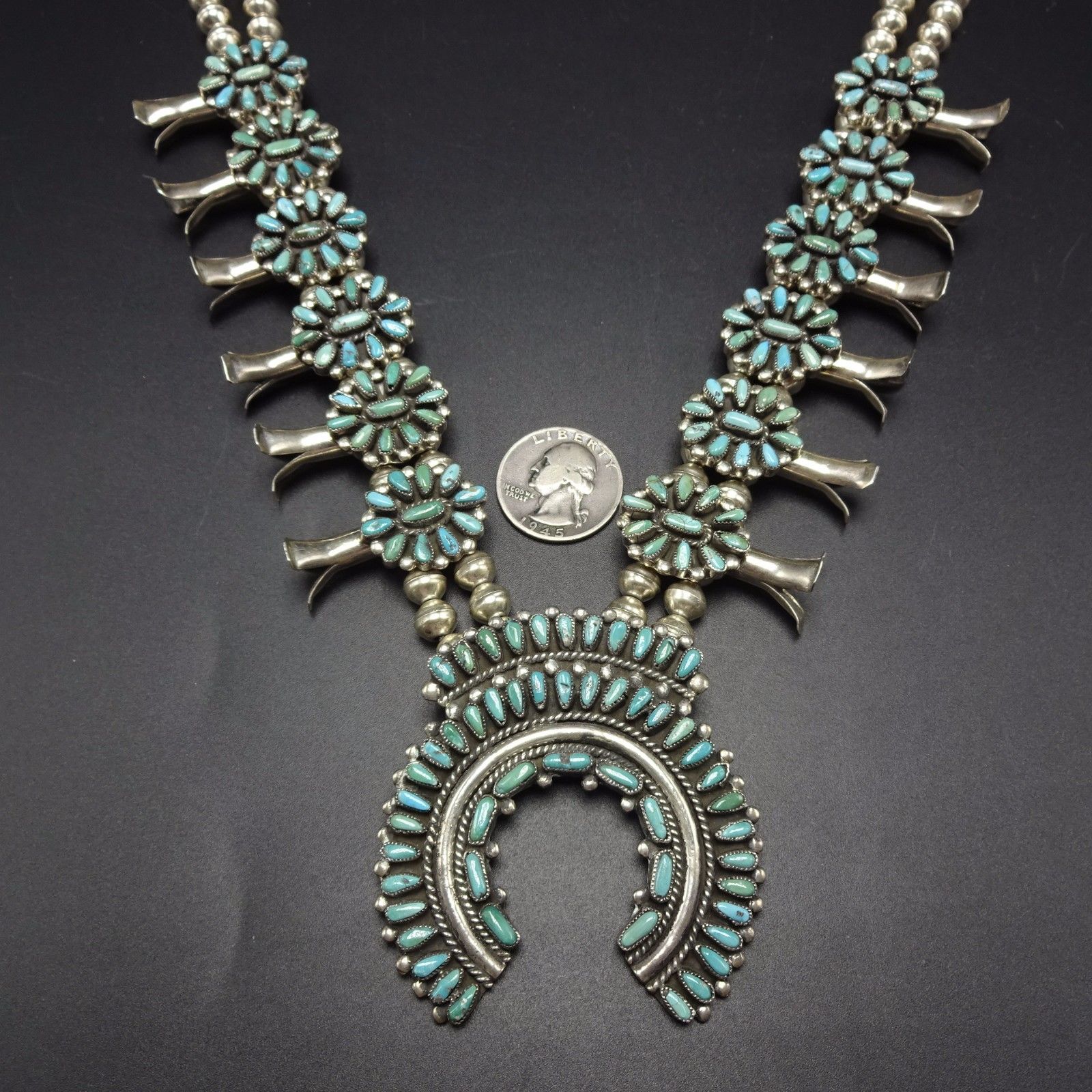 Vintage NAVAJO Sterling Silver & Turquoise Petit Point SQUASH BLOSSOM Necklace