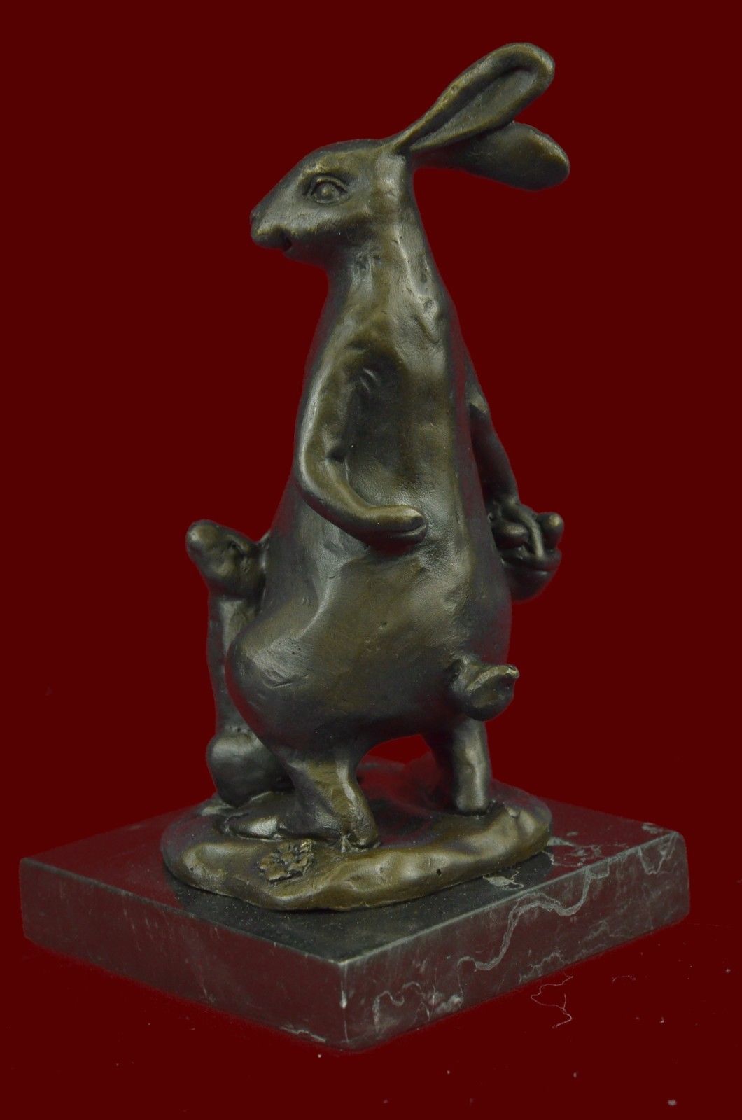 Handcrafted Easter Bunny and Baby Marble Base Figurine Figure Bronze Sculpture S