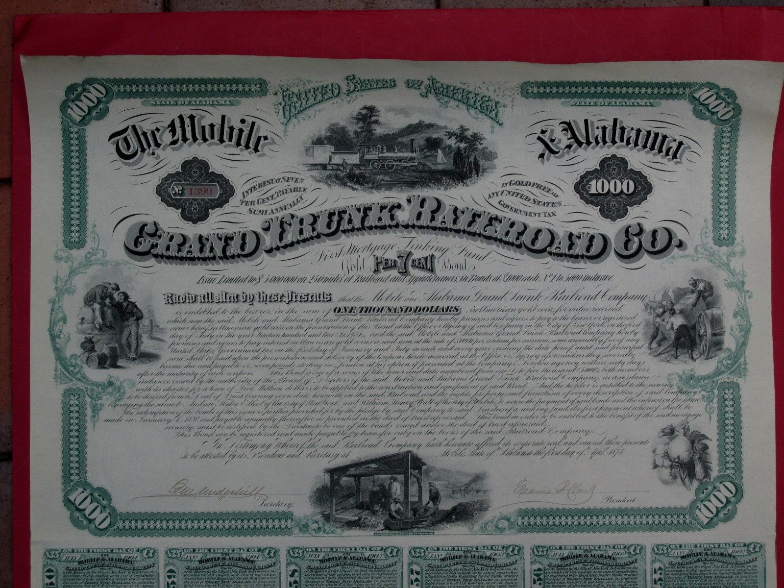 1874 Mobile & Alabama Grand Trunk Rail Road $1000 bond - fantastic vignettes!