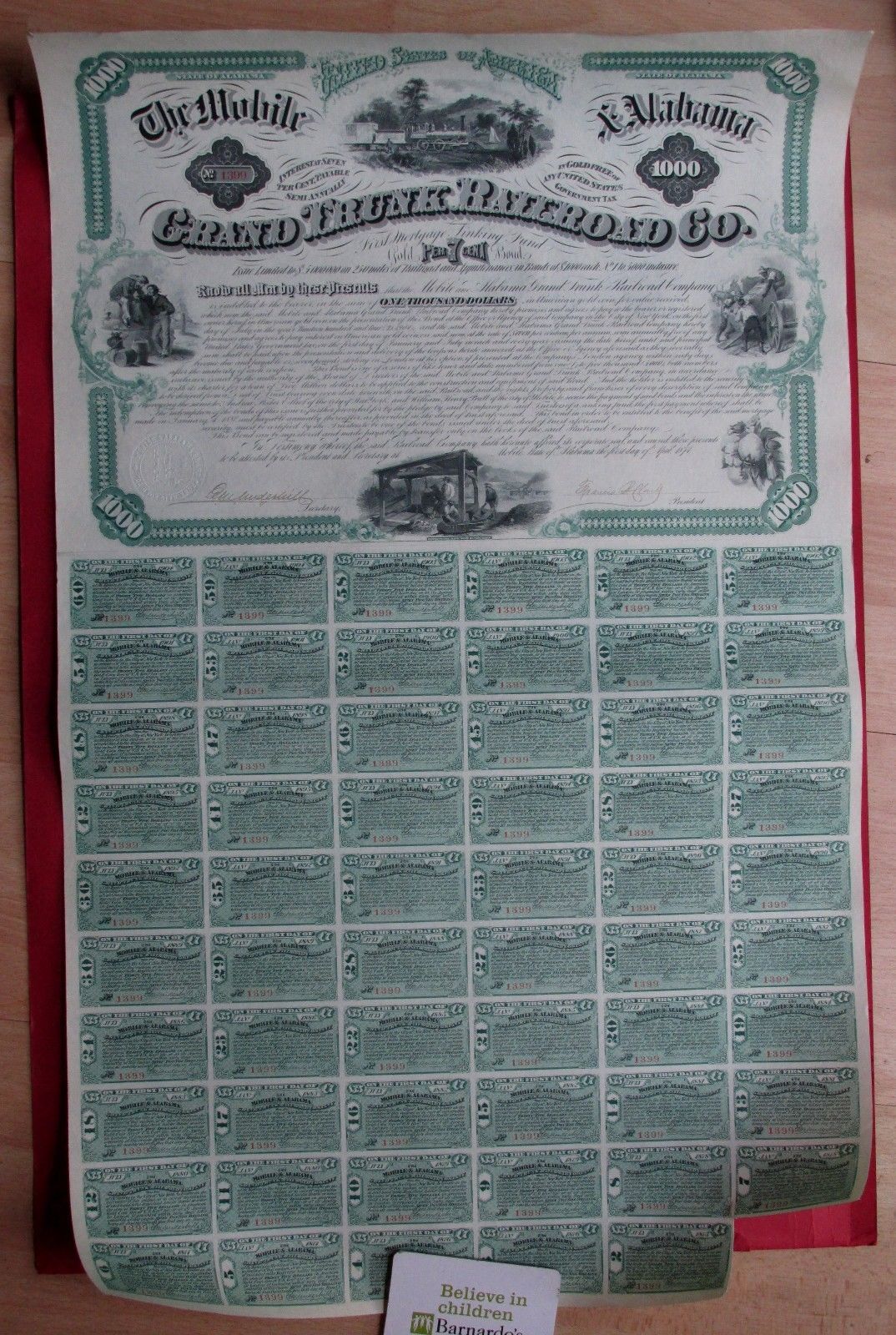 1874 Mobile & Alabama Grand Trunk Rail Road $1000 bond - fantastic vignettes!