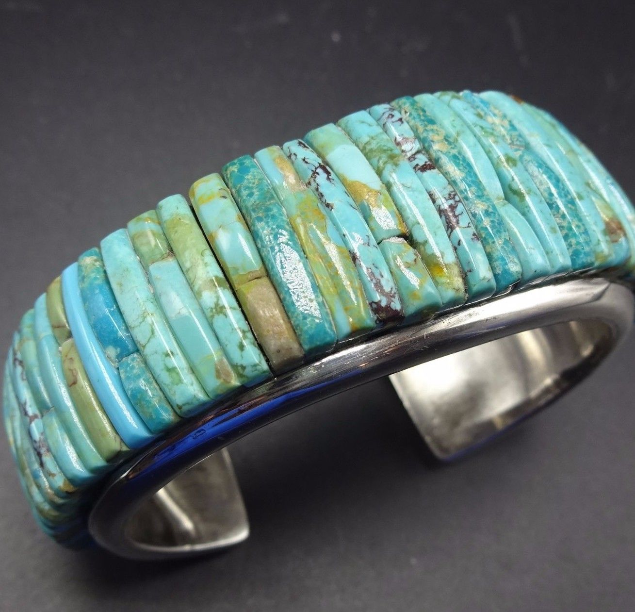 Signed Vintage NAVAJO Sterling Silver & TURQUOISE Cornrow Inlay Cuff BRACELET