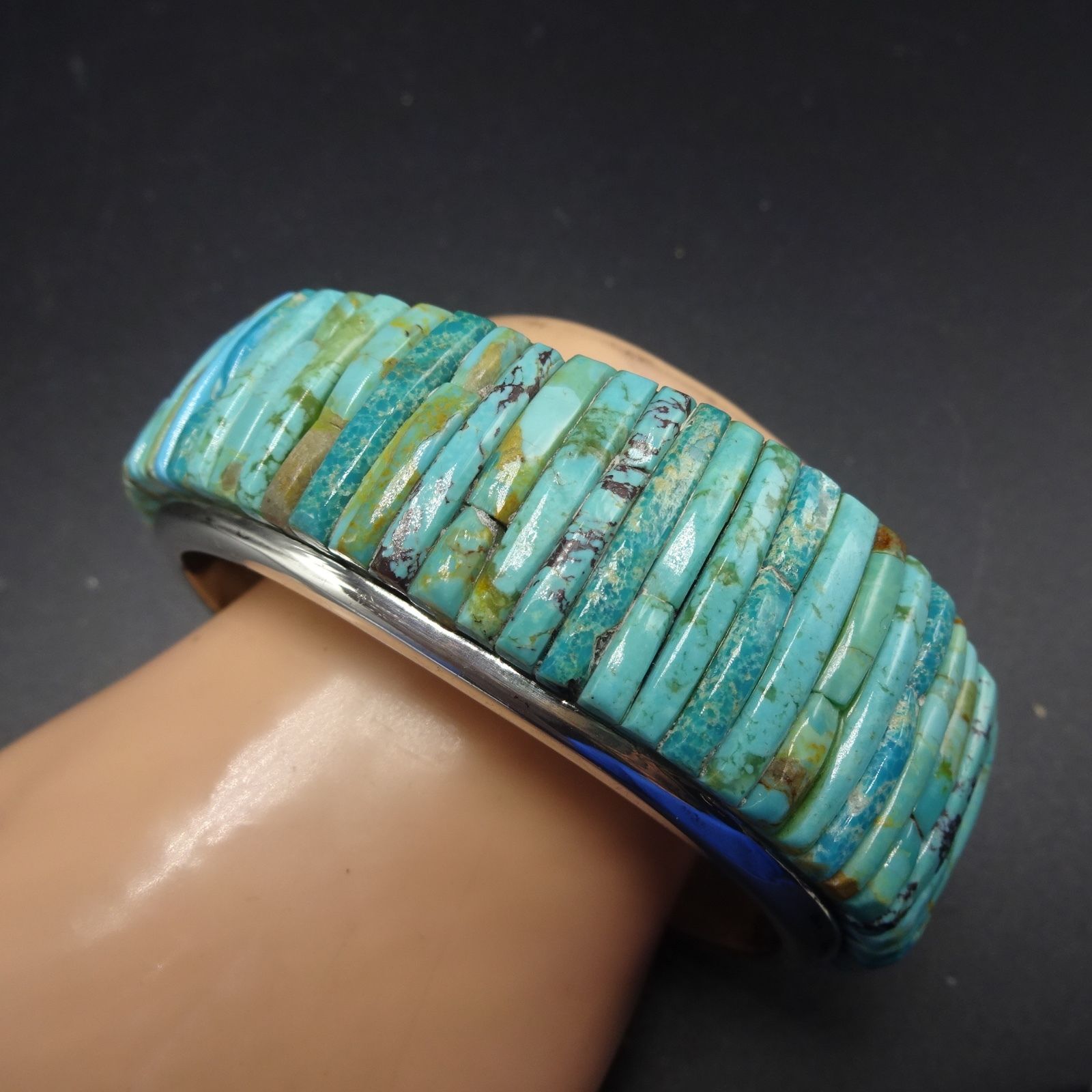 Signed Vintage NAVAJO Sterling Silver & TURQUOISE Cornrow Inlay Cuff BRACELET