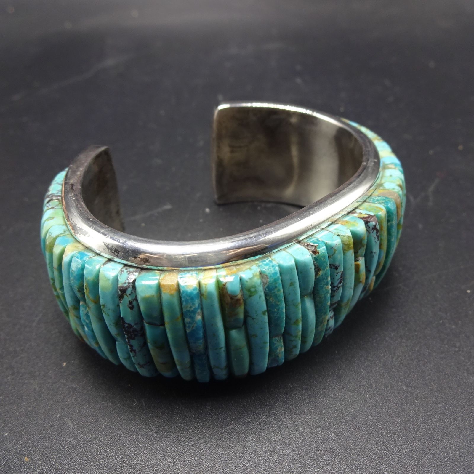 Signed Vintage NAVAJO Sterling Silver & TURQUOISE Cornrow Inlay Cuff BRACELET