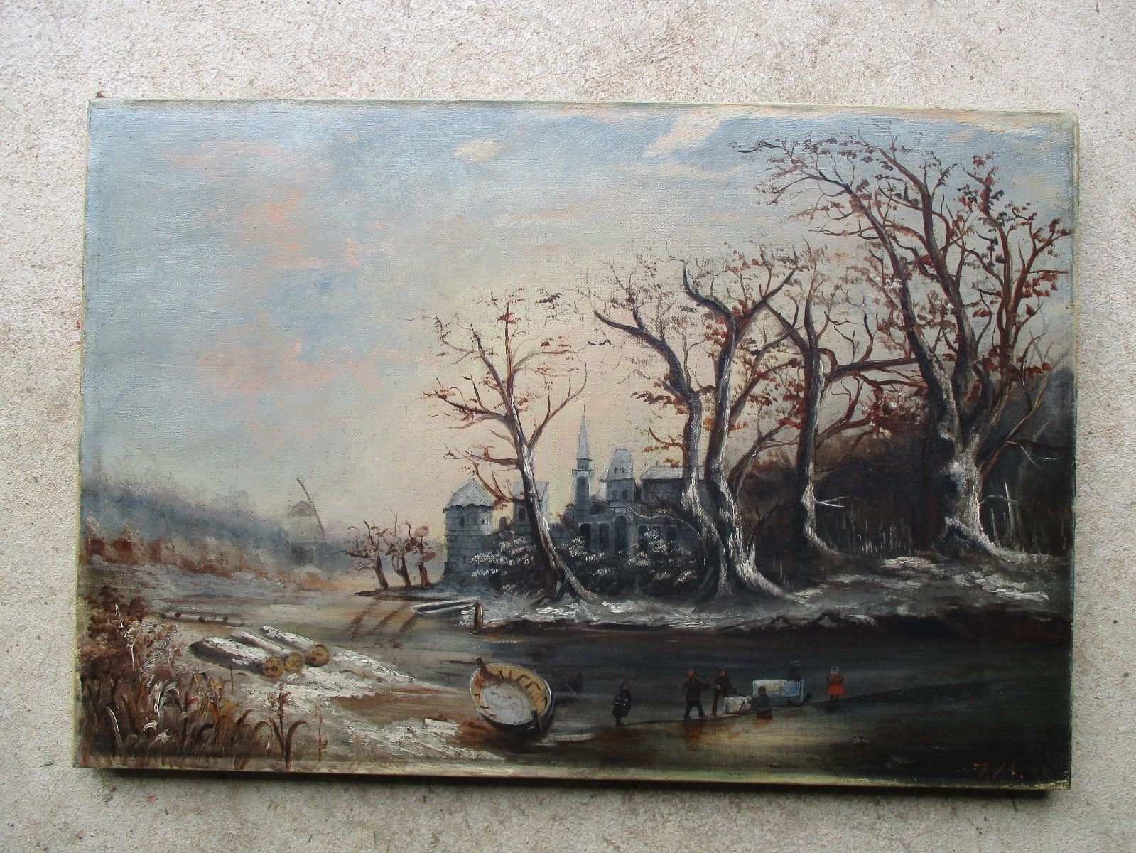 Antique 19thC Oil on Canvas Folk Art Ice Harvesting Landscape Painting