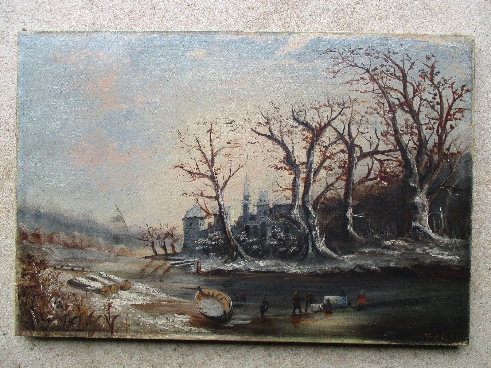 Antique 19thC Oil on Canvas Folk Art Ice Harvesting Landscape Painting