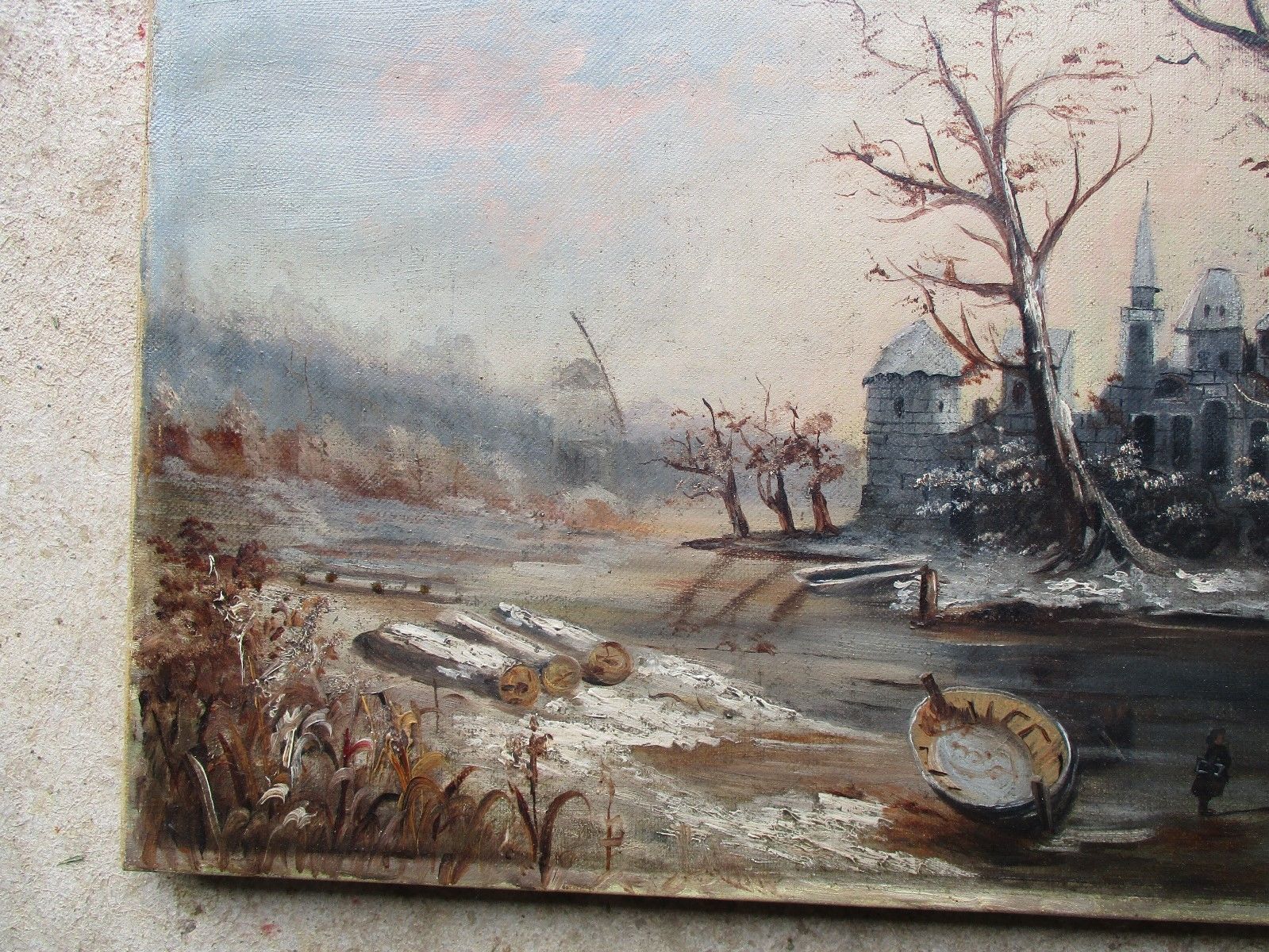 Antique 19thC Oil on Canvas Folk Art Ice Harvesting Landscape Painting