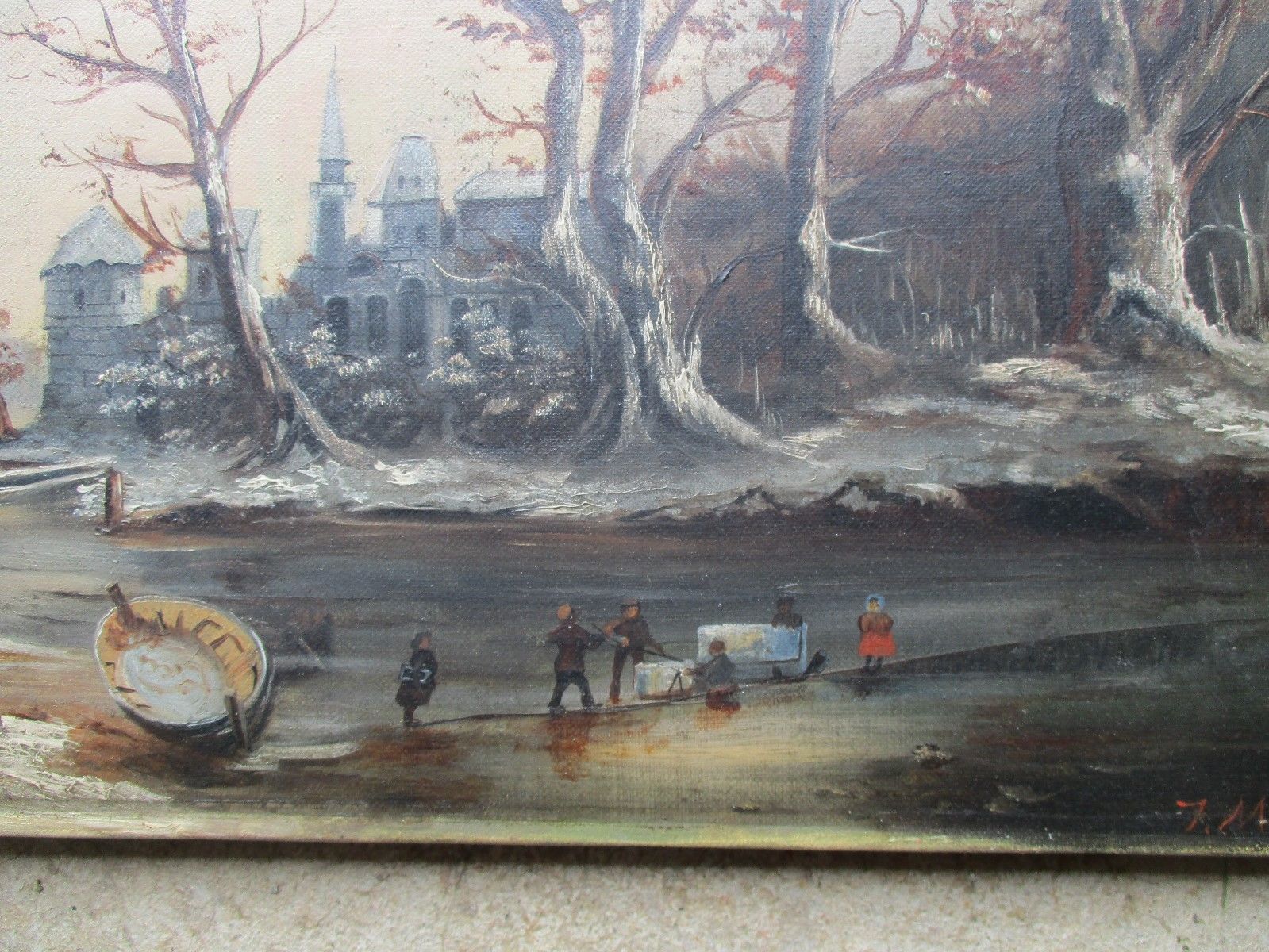 Antique 19thC Oil on Canvas Folk Art Ice Harvesting Landscape Painting