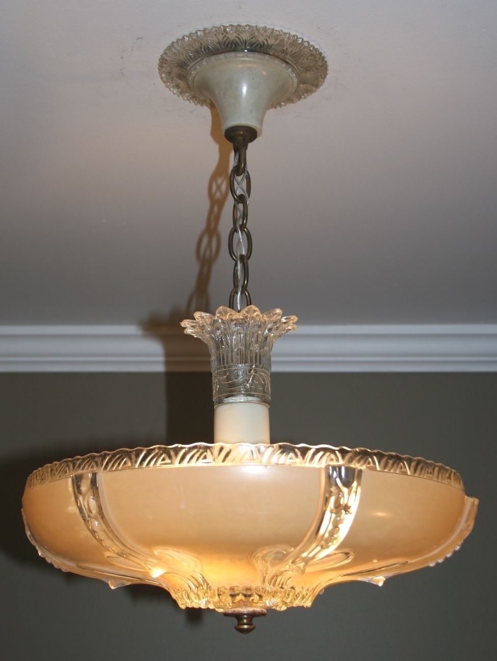 Antique 14" beige tan glass Art Deco light fixture ceiling chandelier original