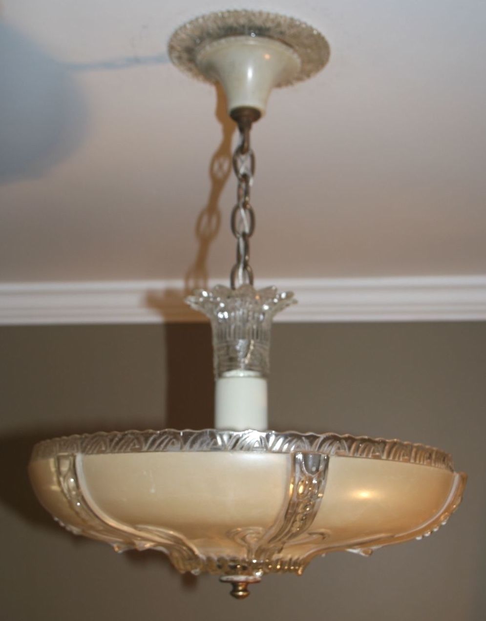 Antique 14" beige tan glass Art Deco light fixture ceiling chandelier original