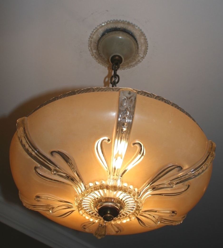 Antique 14" beige tan glass Art Deco light fixture ceiling chandelier original